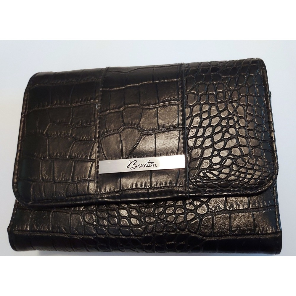 Buxton Wallet Clutch Women OS Black Croc Embossed Trifold Organizer Snap Closure